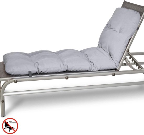 Grijze ligstoelkussen op een zilverkleurig metalen frame, met een 'niet inbegrepen' icoon.