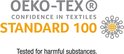 Oeko-Tex Standard 100 logo met tekst 'Confidence in Textiles' en 'Tested for harmful substances'.