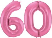 De Ballonnenkoning - Folieballon Cijfer 60 Roze Metallic Mat - 86 cm