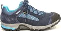 Donkerblauwe lage wandelschoen met turquoise accenten, GORE-TEX logo en veters.