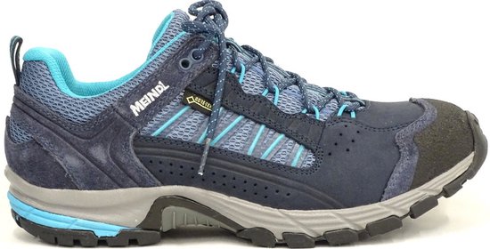 Donkerblauwe lage wandelschoen met turquoise accenten, GORE-TEX logo en veters.