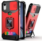 Sliding Camera Cover Design PC + TPU schokbestendig hoesje met ringhouder en kaartsleuf voor iPhone XR (rood)