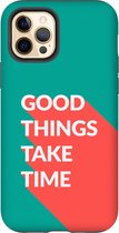 Apple iPhone 12 Pro Telefoonhoesje - Extra Stevig Hoesje - 2 lagen bescherming - Met Quote - Good Things - Donkergroen