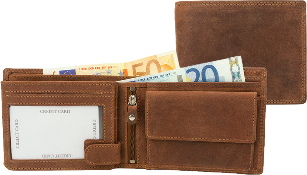 Houtkamp Leren Heren Portemonnee Bruin Leer - Stevig en Robuust Hunter Leder - Anti-skim protected RFID veilig - Vintage Mannen Billfold Portemonnee - Bruin
