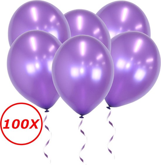 Paarse metallic ballonnen met linten. Inclusief 100 stuks.