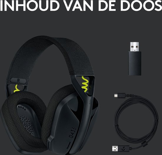 Contenu de la boîte : casque G435 noir, dongle USB et câble de chargement.