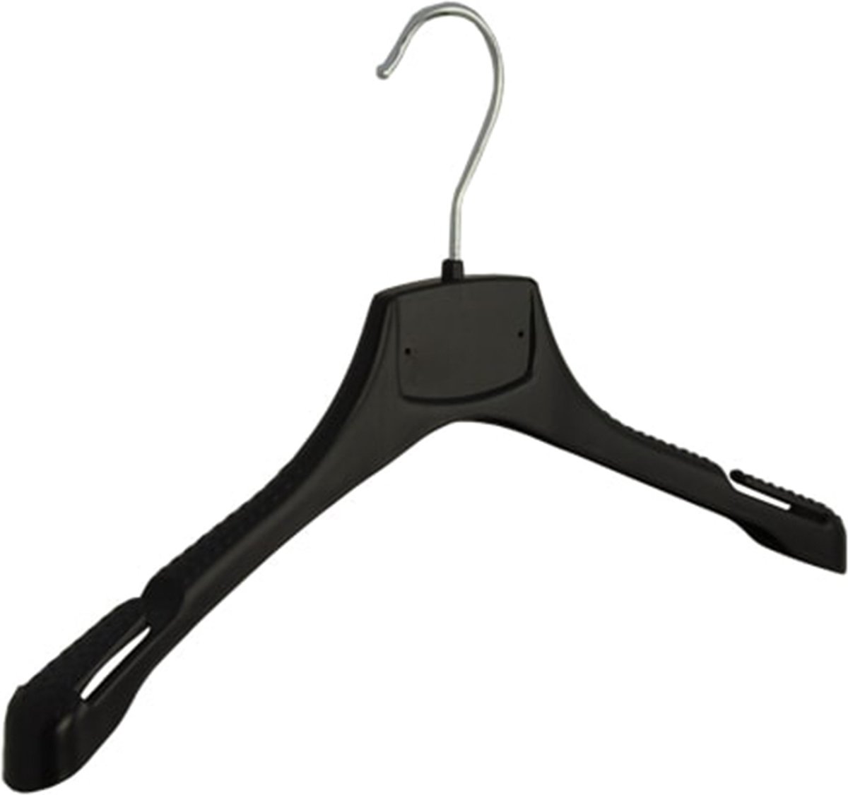 De Kledinghanger Gigant - 10 x Mantelhanger / Kostuumhanger / kinderhanger kunststof zwart met schouderverbreding en rokinkepingen, 36 cm