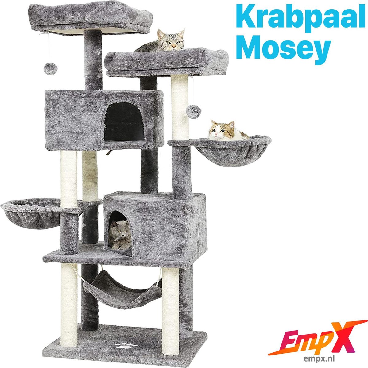 Krabpaal Mosey - Krabpaal - 60x45x153 cm Grijs - Comfort - 7 Ligplaatsen - Hout/Sisal - Tegen krabschade - Extra groot - Krabbed Natuurlijk Sisal Katten Spelletjes - Merkloos