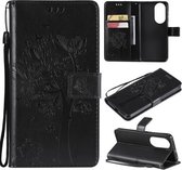 Voor Huawei P50 Boom & Kat Patroon Geperst Afdrukken Horizontale Flip PU Lederen Case met Houder & Kaartsleuven & Portemonnee & Lanyard (Zwart)