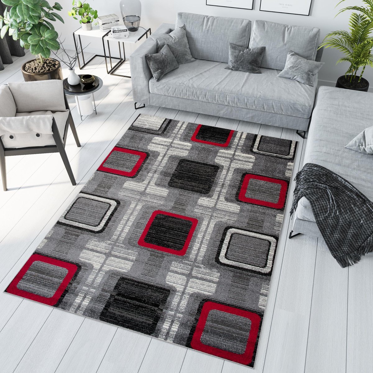 Tapiso Jawa Vloerkleed Grijs Rood Modern Laagpolig Tapijten Maat- 80x150