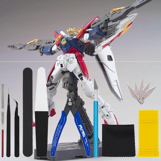Maquette Gundam avec outils de modélisme : pinces, limes, pincettes, couteau, chiffon et séparateur.
