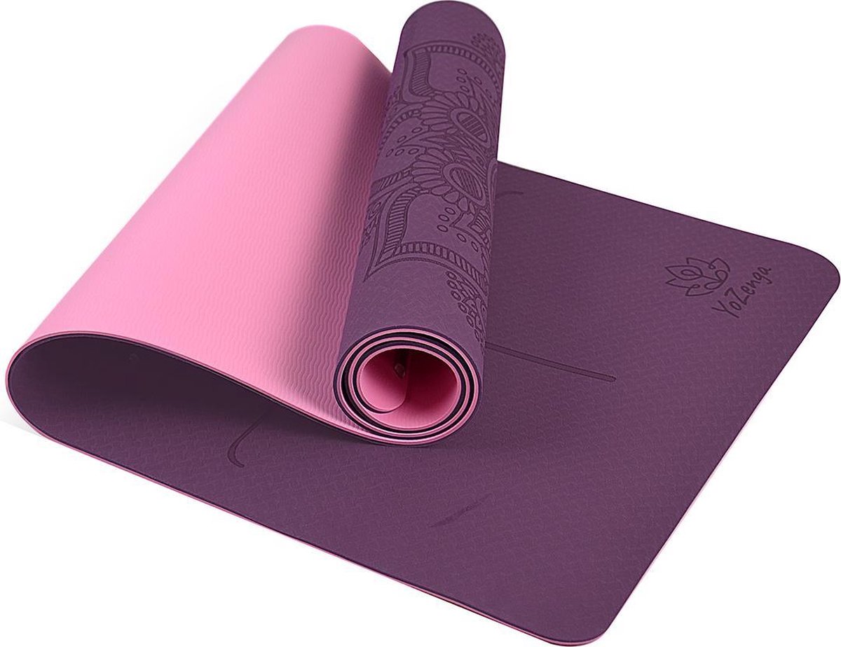 YoZenga Premium yoga mat | sportmat | Fitnessmat | extra dik | Mandala Flower Purple/pink | TPE | Inclusief gratis draagriem