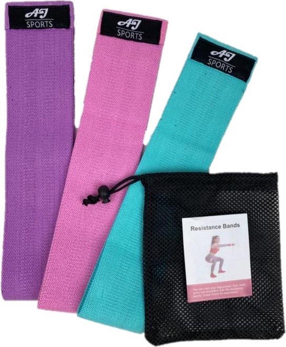 AJ-Sports Weerstandsbanden - Booty Band - Resistance band - Fitness elastiek - Paars/Roze/Cyaan - set van 3 - Fitness - Inclusief handleiding en draagtas