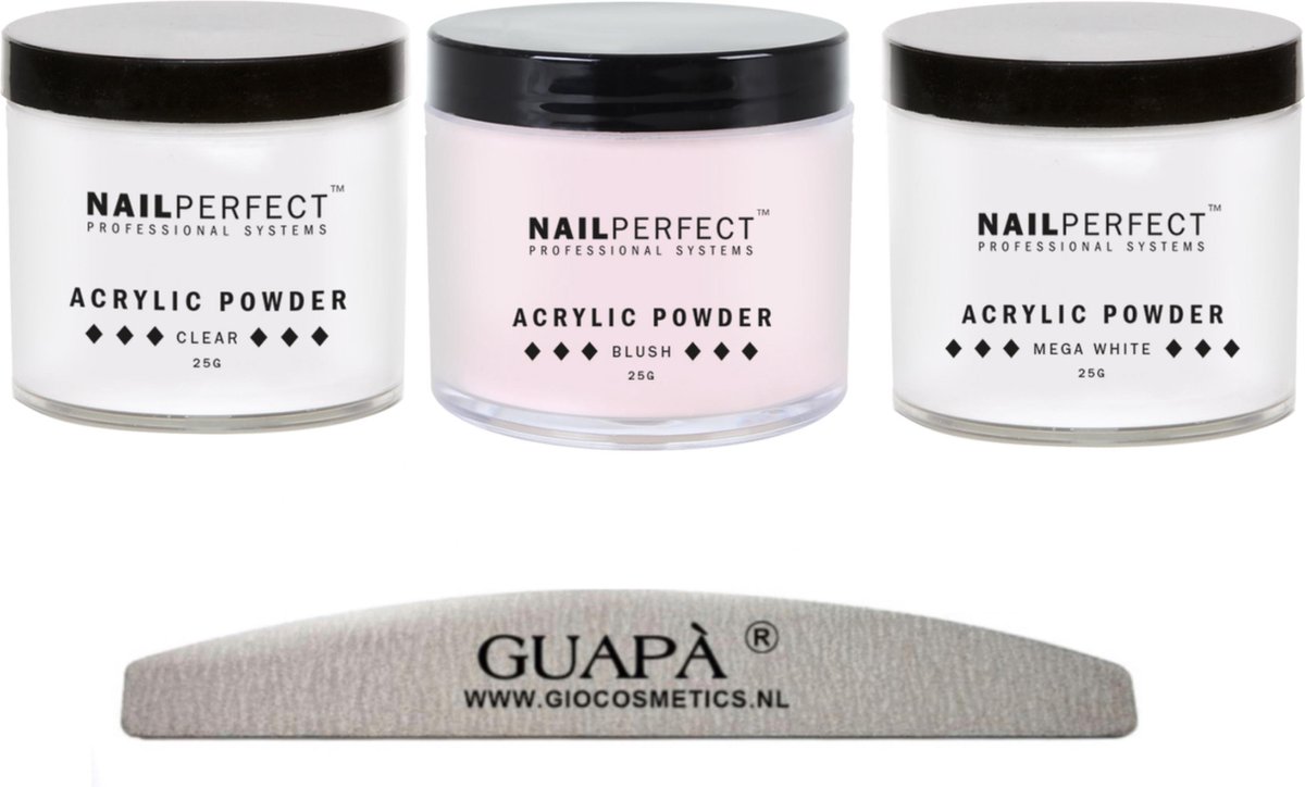 Goedkoopste GUAPÀ® Acryl Nagels Starterspakket voor het maken van prachtige Acrylic Nagels - Acryl Poeder Clear, Blush, Mega White | French Manicure