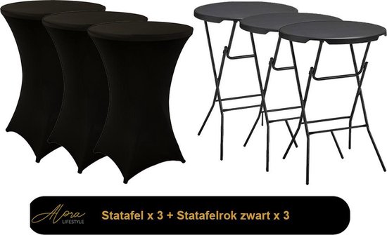 3x zwarte Statafel + zwarte Statafelrok x 3 – 80 cm Dia x 110 cm hoog – Cocktailtafel – Hoge staan tafel – Breed Blad – Inclusief zwarte Statafelhoes – Staantafelrok Stretch R