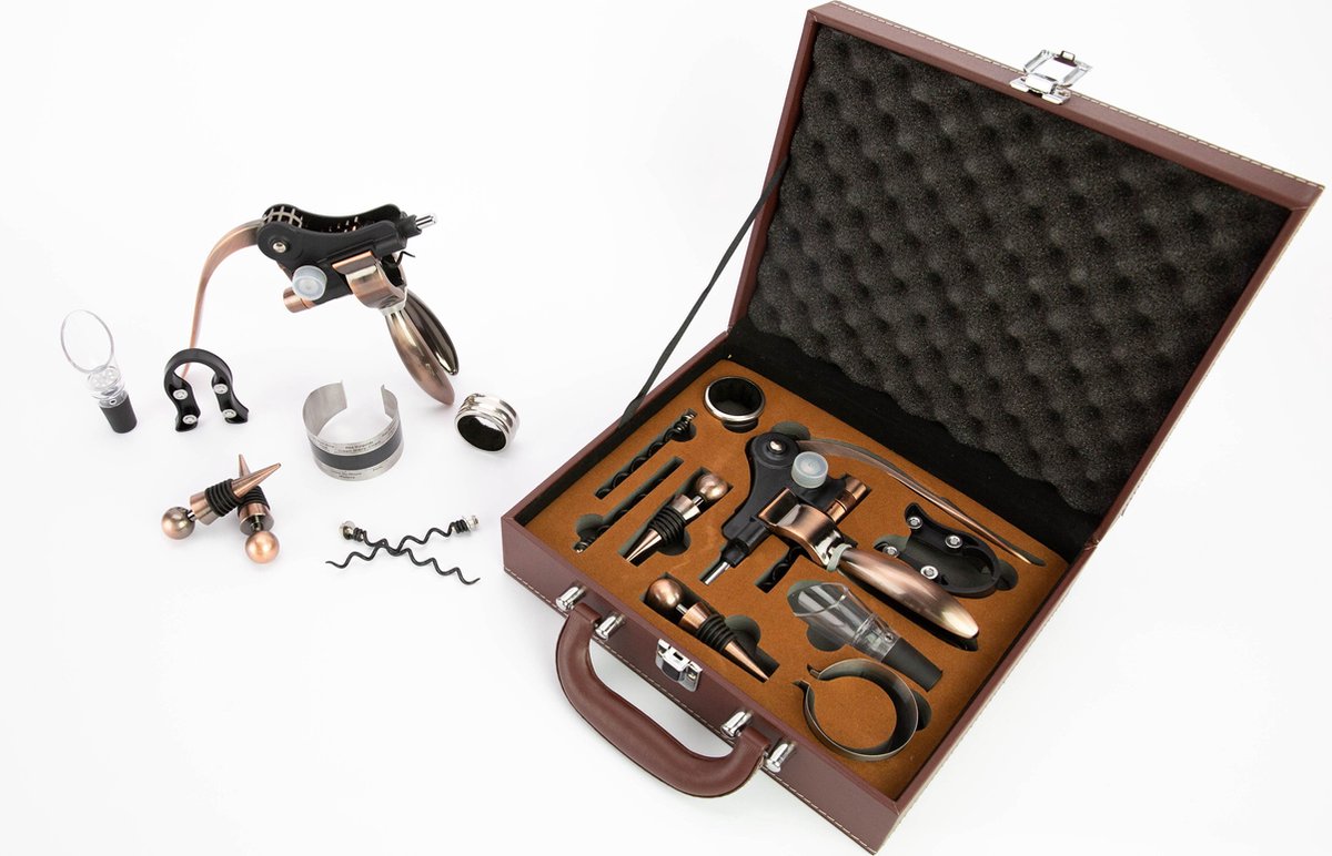 MD-Goods ® Kurkentrekker + Wijn accessoires Giftbox – Wijnopener set– Flesopener – Schenktuit – Corkscrew – Cadeautip – Leder – Bruin