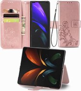 Voor Samsung Galaxy Z Fold3 Vierbladige sluiting Reliëfgesp Mobiele telefoonbescherming lederen tas met lanyard & kaartsleuf & portemonnee & beugelfunctie (rosé goud)