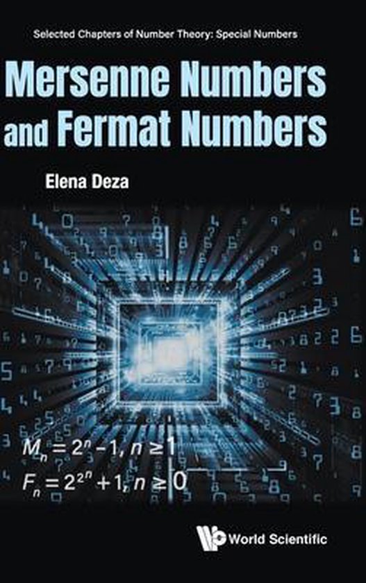 Couverture de livre avec le titre 'Mersenne Numbers and Fermat Numbers' en lettres bleues sur fond sombre avec des chiffres.