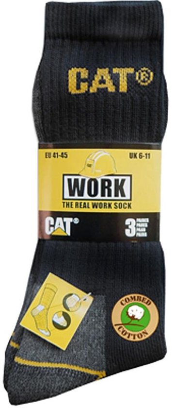 Verpakking van 3 paar zwarte CAT werksokken met gele band en info.