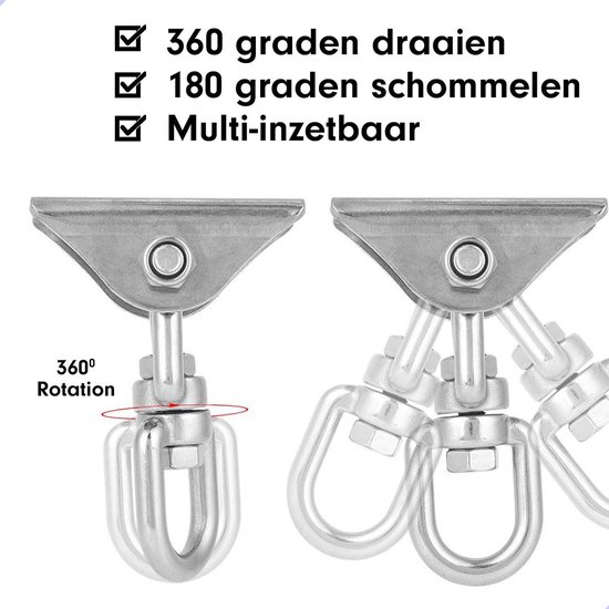 DailyFox® Luxe Ophangsysteem - 180° Schommelen, 360° Roteerbaar - Plafondhaak - Ophanghaak - Hangstoel buiten - Hangstoel binnen – Schommelstoel - Schommel - Bokszakken - RVS -