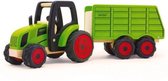 Houten groene tractor en kiepwagen als aanhangwagen Pintoy