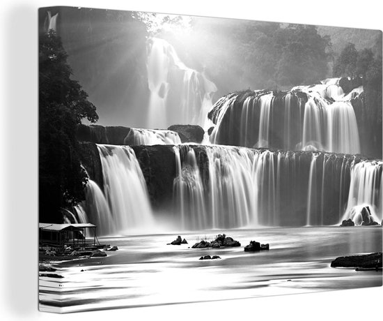 Canvas Schilderij Waterval - Zwart - Wit - Ban Gioc - 120x80 cm - Wanddecoratie