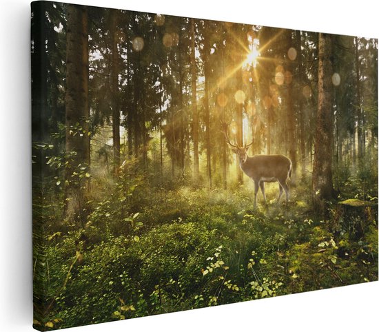 Artaza Canvas Schilderij Hert In Bos Met Zon - 90x60 - Foto Op Canvas - Canvas Print - Muurdecoratie