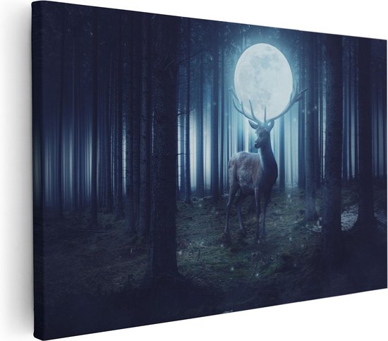 Artaza Canvas Schilderij Hert In Het Bos Tijdens Volle Maan - 90x60 - Foto Op Canvas - Canvas Print - Muurdecoratie