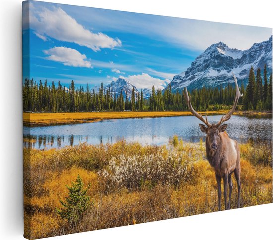 Artaza - Peinture sur toile - Cerf dans les Montagnes au bord d'un lac - 120 x 80 - Groot - Photo sur toile - Impression sur toile