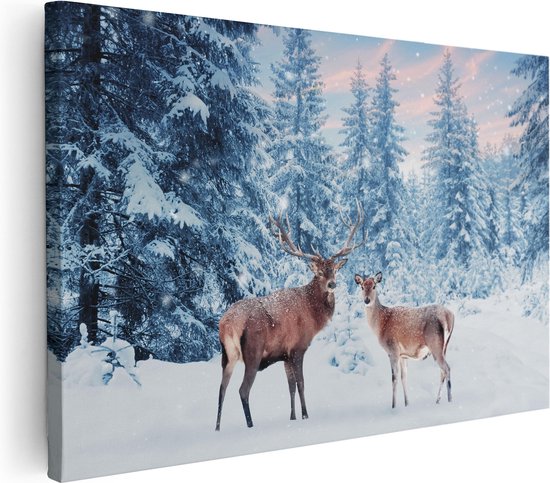 Artaza Canvas Schilderij Twee Herten In Het Bos Met Sneeuw - 120x80 - Groot - Foto Op Canvas - Wanddecoratie Woonkamer