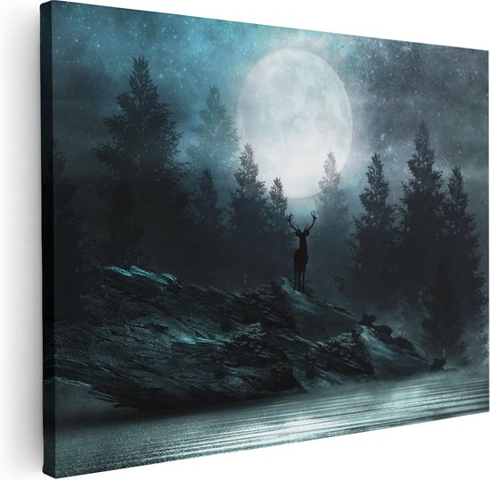 Artaza Canvas Schilderij Hert Op Een Rots Tijdens Volle Maan - 40x30 - Klein - Foto Op Canvas - Canvas Print