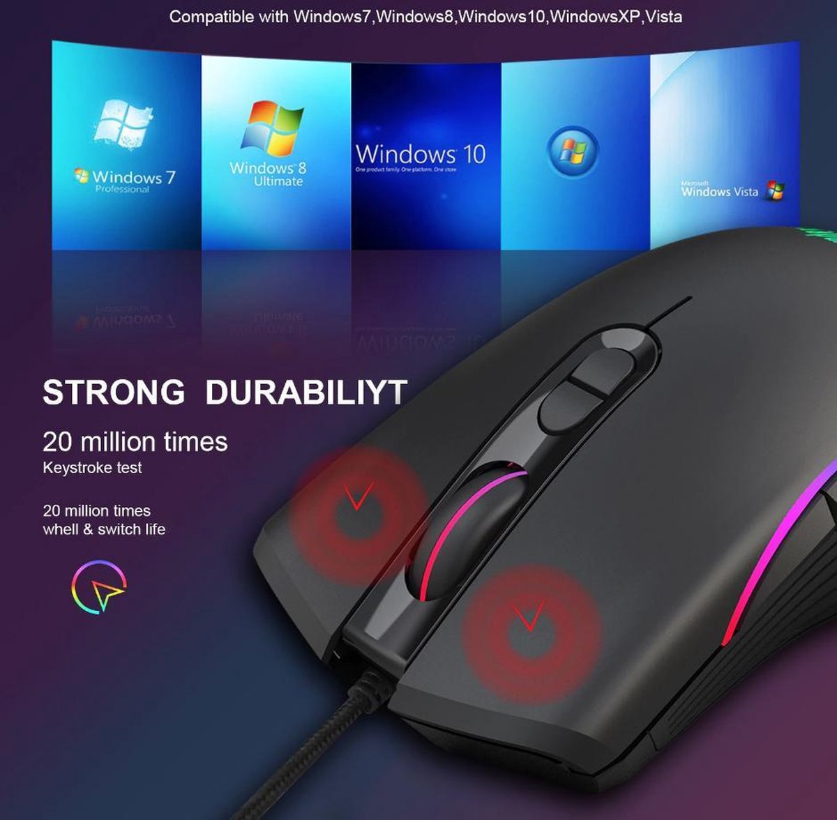 RedThunder K10 Gaming Keyboard and Mouse Set, QWERTZ DE Layout, Metal Plate and Wrist Rest, RGB Backlight and 7D with Ergonomic for PC Gamers