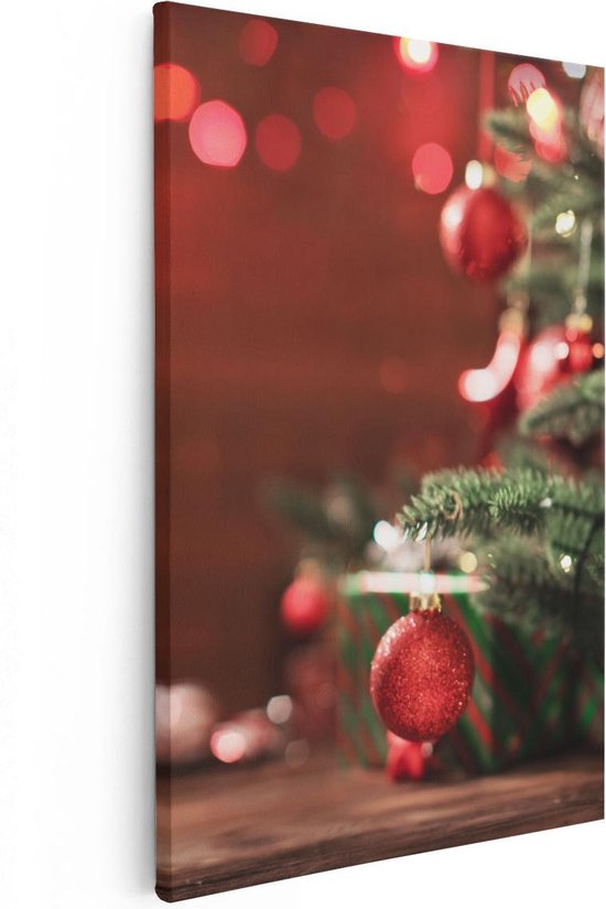 Artaza Toile Peinture Sapin De Noël Avec Lumières Rouges Et Boules - Boules de Noël - Tableau Sur Toile - Impression Sur Toile