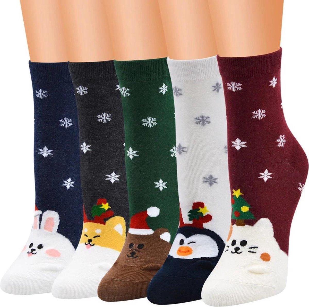 Winkrs© - 5x Kerstsokken dames/meisjes - Winter sokken met sneeuwvlokken en dieren met 3D pootjes - maat 35-39