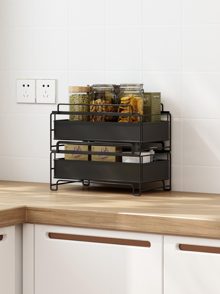Relaxdays keuken organizer, stapelbare bureau organizer, 2 schuifmanden, HBD: 30x28x42,5 cm, metaal, keukenkast, zilver