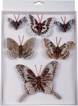 6x stuks decoratie vlinders op clip natuurlijke tinten - Kerstversiering/woondecoratie/bruiloft versiering
