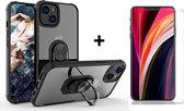 HB Hoesje Geschikt voor Apple iPhone 13 Zwart & Glazen Screenprotector - Anti Shock Kickstand Ring Case