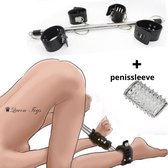 ♛Queen-Toys® Bondageset - BDSM - Metalen stang met handboeien en enkelboeien - Knevelset met slot - Kleur zwart - inclusief penissleeve