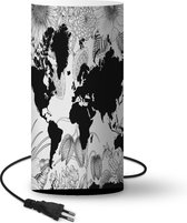 Lamp Donkergroene wereldkaart versierd met illustraties van bloemen - zwart wit - 33 cm hoog - Ø16 cm - Inclusief LED lamp