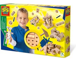 foto van SES - Hout knutselset - Montessori speelgoed - verschillende houtvormen met verbindingspinnetjes en hamer - knutselen jongens