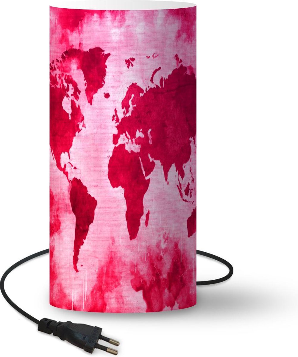 Lamp - Nachtlampje - Tafellamp slaapkamer - Wereldkaart - Rood - Roze - 33 cm hoog - Ø15.9 cm - Inclusief LED lamp