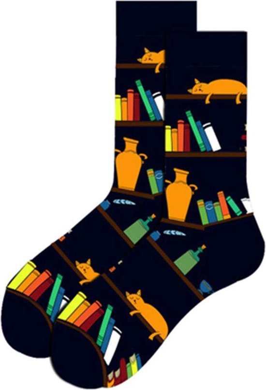Winkrs - Boekenkast sokken - Grappige sokken voor de boekenwurm of schrijver - Boeken, kat, inkt - Dames/heren maat 40-46