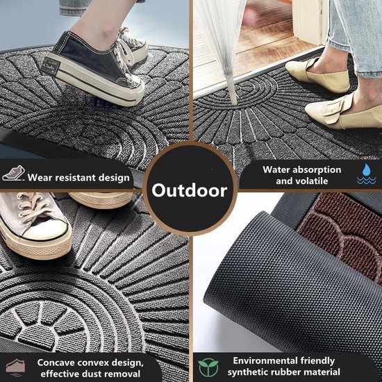 Collage van details van een lichtgrijze deurmat: schoenen op de mat, close-up van de vezels, en de achterkant van synthetisch rubber. De tekst 'Outdoor', 'Wear resistant design', 'Water absorption and volatile', en 'Environmental friendly synthetic rubber material' zijn zichtbaar.