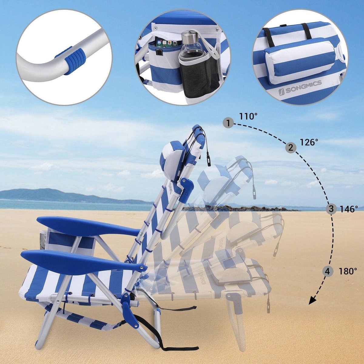 Ultralichte Opvouwbare Campingstoel, Draagbare Strandstoel met Lendensteun, Houten Armleuning en Opbergtas, Aluminium Wandelstoel voor Buiten, Gazon, Picknick, Reis, 265 Lbs