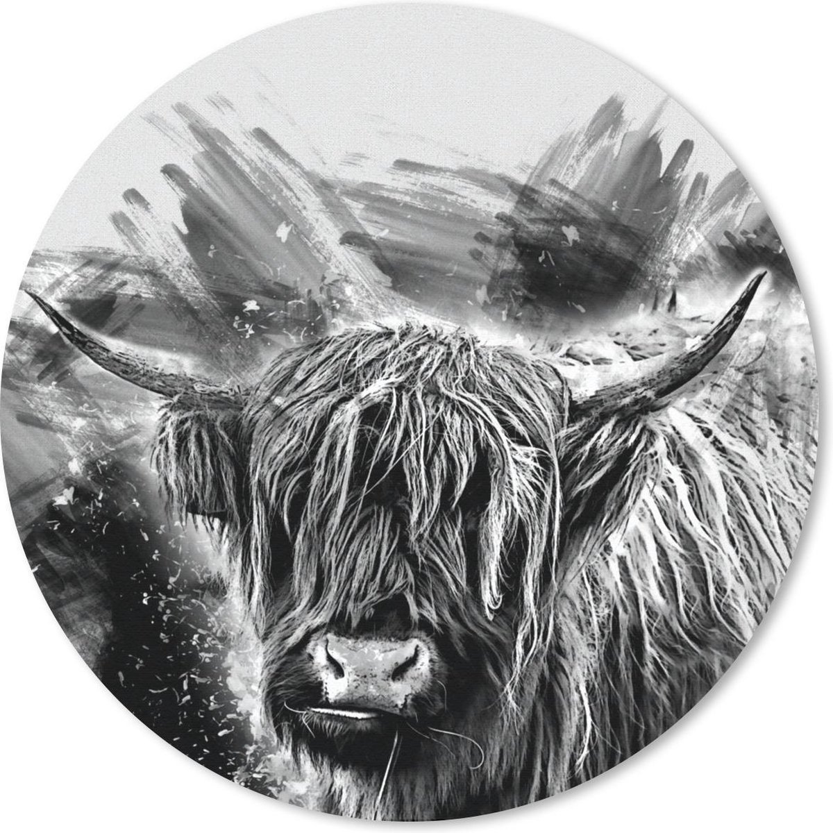 Muismat rond 50x50 cm - Mousepad Schotse hooglander - Verf - Zwart - Wit - Ronde muismatten