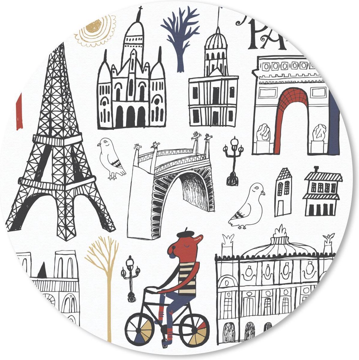 Muismat rond 40x40 cm - Mousepad Parijs - Eiffeltoren - Tekening - Ronde muismatten