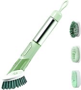 Fieden® 3 in 1 Afwasborstel Met Zeepdispenser - Afwasborstel Met Opzetborstels - 3 in 1 Afwasborstel - Duurzame Borstel - Groen - Roestvrijstaal