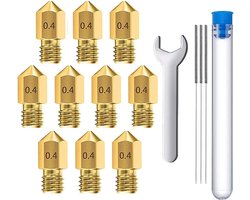 MMOBIEL 10 stuks 0.4mm Messing MK8 3D Printer Nozzles Extruder Incl. 3 reinigingsnaalden