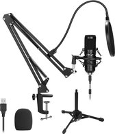 APGTEK USB-microfoonset, 192KHz/24-bits USB-condensator-studiomicrofoon met schaarstatief, metalen schokdemperhouder, popfilter, bevestigingsklem, metalen statief, microfoonwindbescherming en
