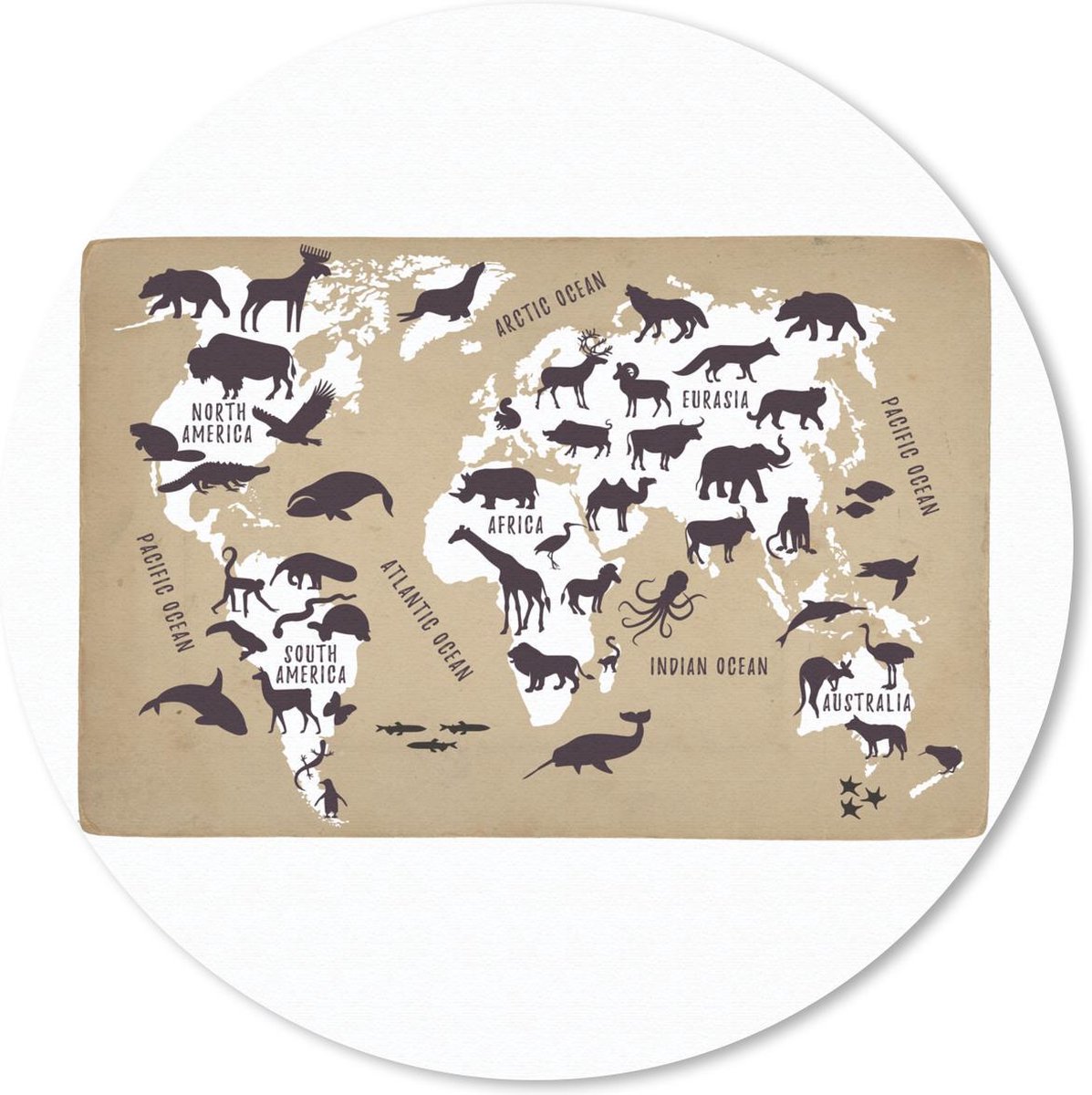 Muismat rond 40x40 cm - Mousepad Wereldkaart Kinderen - Wit - Dieren - Ronde muismatten
